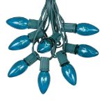C9 25 Light String Set with Teal Bulbs on Green Wire