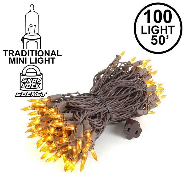 Amber/Orange Christmas Mini Lights 100 Light 50 Feet Long on Brown Wire