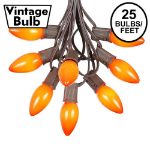 C9 25 Light String Set with Ceramic Orange Bulbs on Brown Wire
