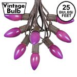C9 25 Light String Set with Ceramic Purple Bulbs on Brown Wire
