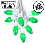 C9 25 Light String Set with Ceramic Green Bulbs on White Wire
