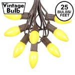 C9 25 Light String Set with Ceramic Yellow Bulbs on Brown Wire