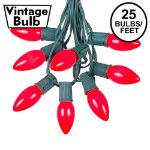 C9 25 Light String Set with Ceramic Red Bulbs on Green Wire