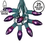 C9 25 Light String Set with Purple Bulbs on Green Wire