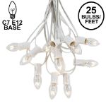 C7 25 Light String Set with Clear Bulbs on White Wire