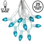 25 Light String Set with Teal Transparent C7 Bulbs on White Wire