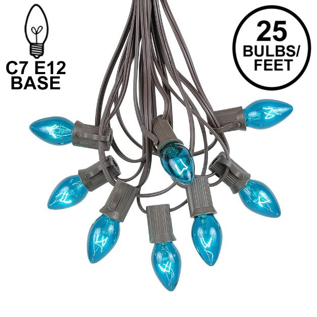 25 Light String Set with Teal Transparent C7 Bulbs on Brown Wire