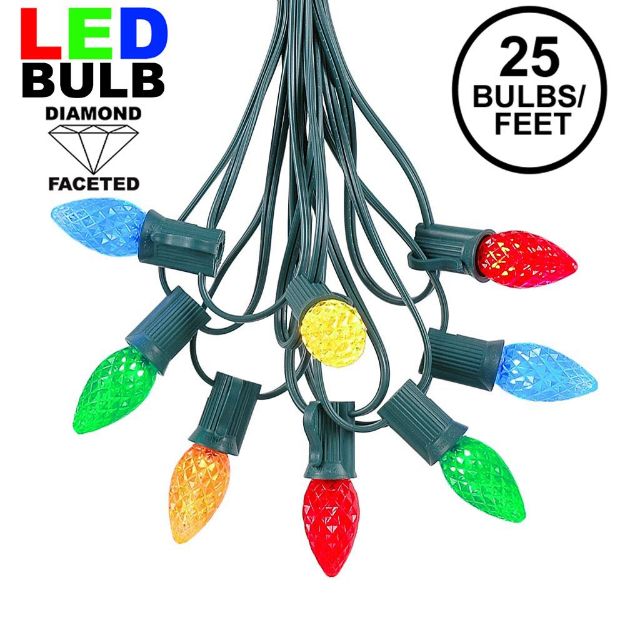 25 Light String Set with Multi LED C7 Bulbs on Green Wire