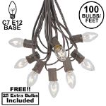 100 C7 String Light Set with Clear Bulbs on Brown Wire