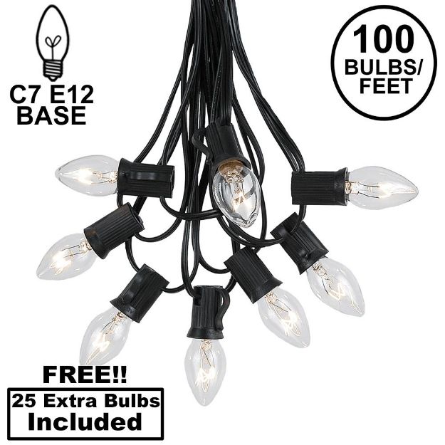 100 C7 String Light Set with Clear Bulbs on Black Wire