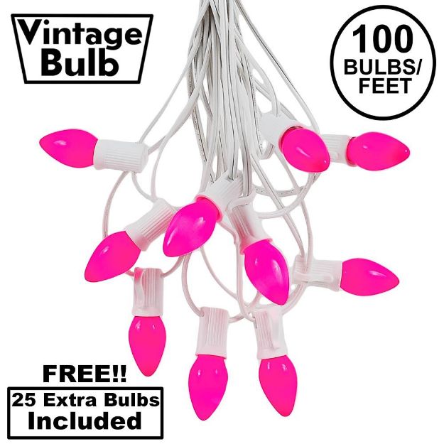 100 C7 String Light Set with Pink Ceramic Bulbs on White Wire