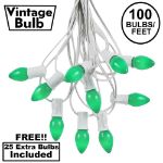 100 C7 String Light Set with Green Ceramic Bulbs on White Wire