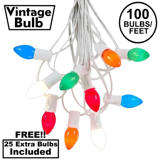 100 C7 String Light Set with Multi Colored Ceramic Bulbs on White Wire