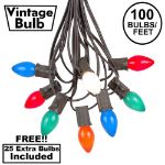 100 C7 String Light Set with Multi Colored Ceramic Bulbs on Brown Wire