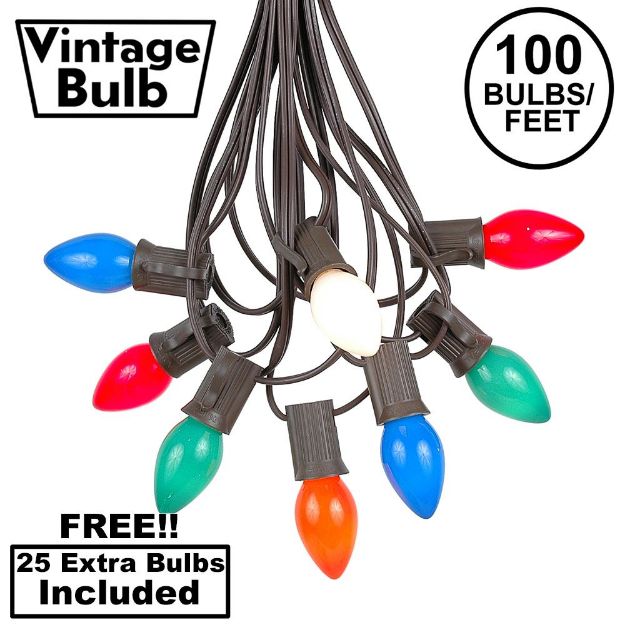 100 C7 String Light Set with Multi Colored Ceramic Bulbs on Brown Wire