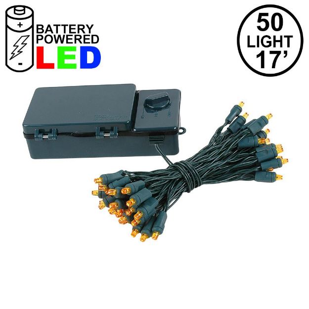 50 LED Battery Operated Lights Amber on Green Wire
