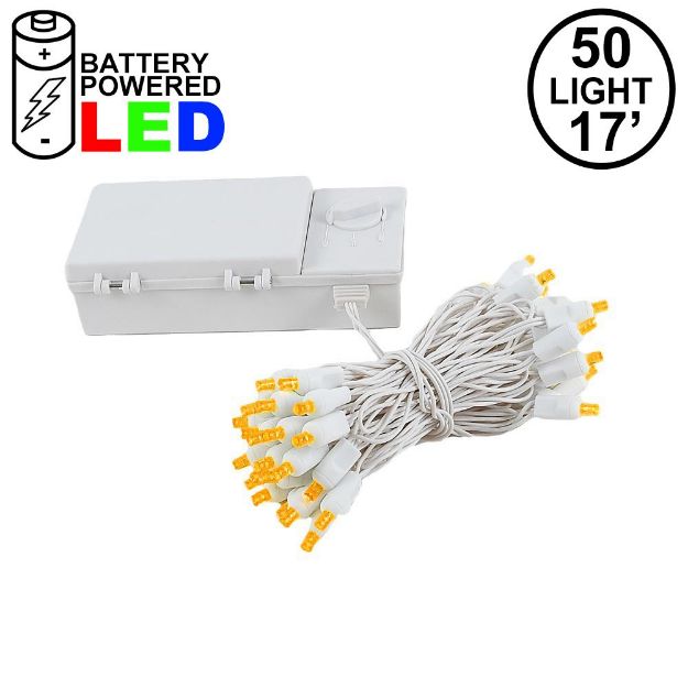 50 LED Battery Operated Lights Amber on White Wire