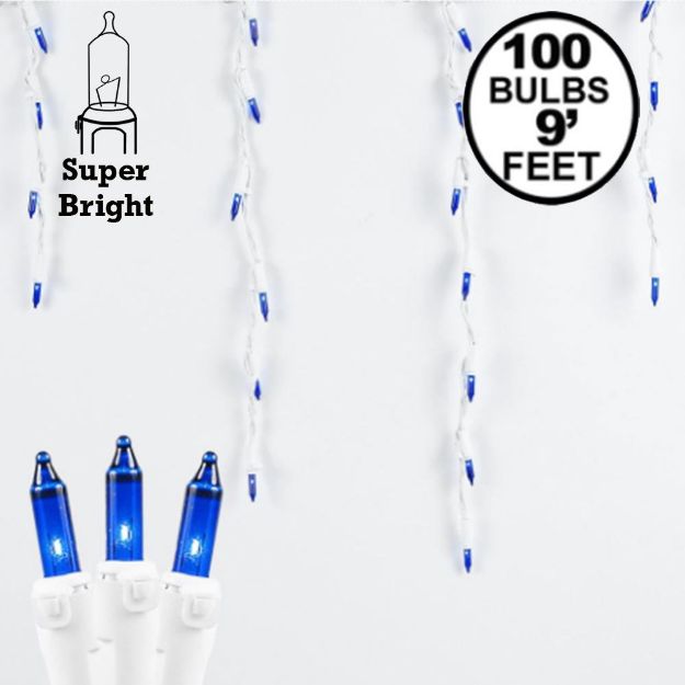Blue 100 Light Icicle Lights White Wire Medium Drops