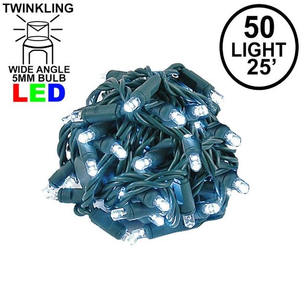 Twinkle LED Christmas Lights 50 LED Pure White 25' Long Green Wire