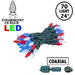 Coaxial Red/White/Blue 70 LED C6 Strawberry Mini Lights Commercial Grade on Green Wire