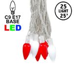 25 Red & Pure White Ceramic LED C9 Pre-Lamped String Lights White Wire