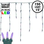 Purple LED Icicle Lights on Green Wire 150 Bulbs