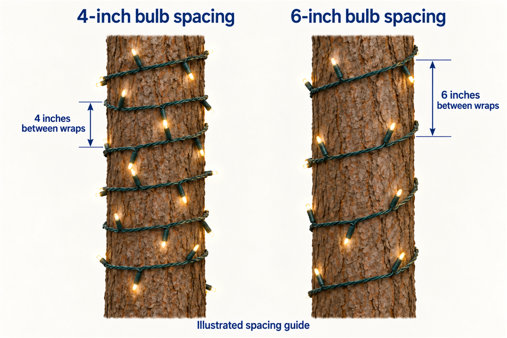 Illustrated comparison of 4-inch bulb spacing with 4 inches between wraps and 6-inch bulb spacing with 6 inches between wraps, using twisted green wire and green mini-light sockets.