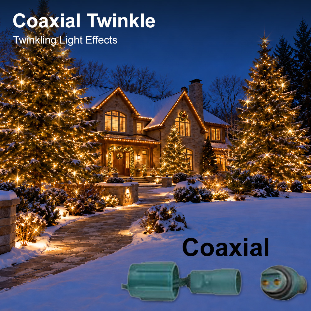 Coaxial twinkle lights on trees and a snowy home