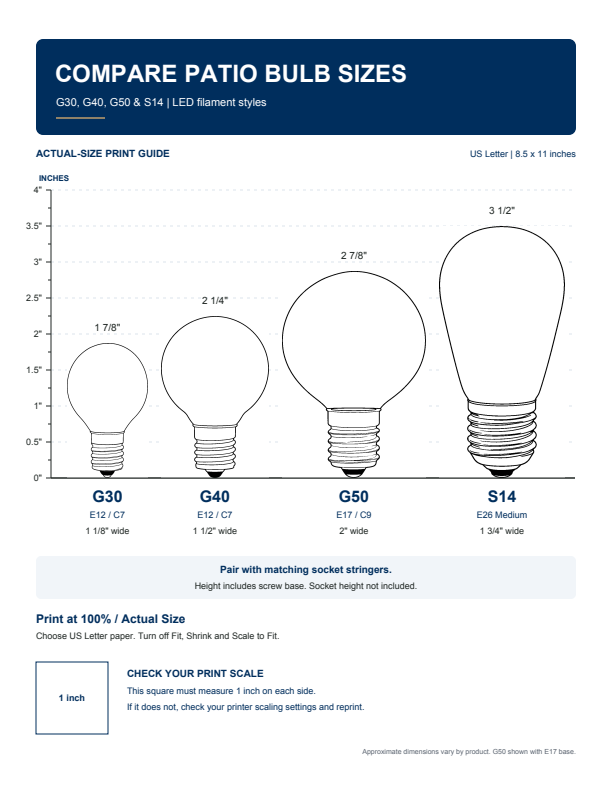 Actual-size patio bulb comparison guide showing G30, G40, G50 and S14 bulbs
