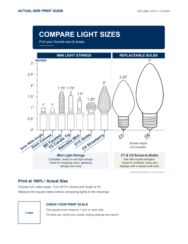 Actual-size light comparison guide showing mini lights and C7 and C9 bulbs