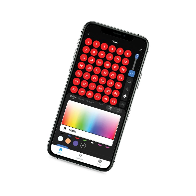 Smartphone showing the Twilight Trim app with a grid of individually colored dots and a color picker