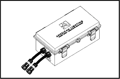 Line drawing of a power injection box with two cables