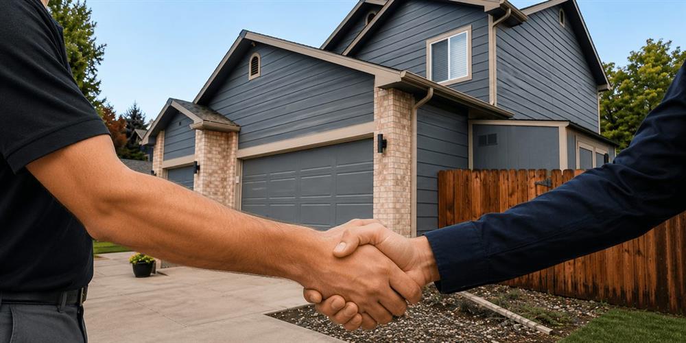 Installer shaking hands with a homeowner in front of a finished house