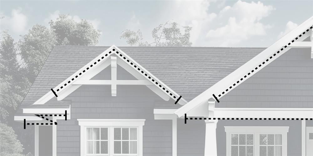 Craftsman-style roofline with dashed lines marking each measured run along the gables and eaves, with end marks at every start and stop point