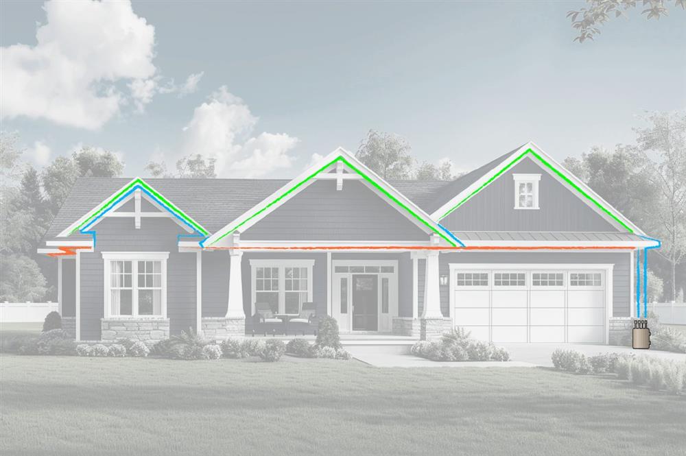 Single-story craftsman home with three gables marked green for zone 2, the long lower eave marked red for zone 1, and blue jumper cables leading to the control box beside the garage