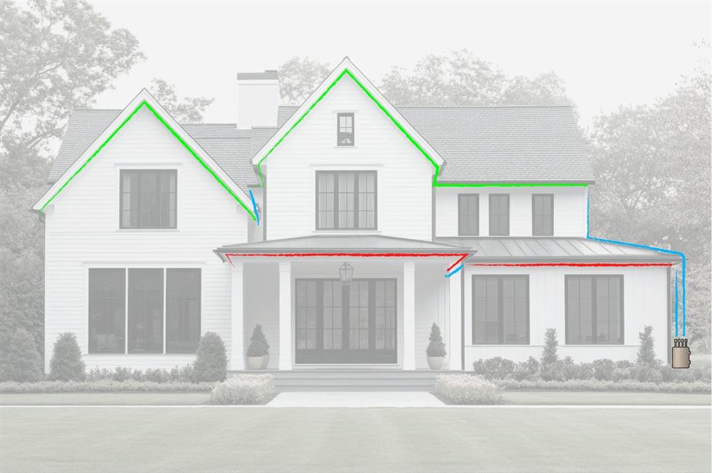 Two-story farmhouse with the upper gables and eave marked green for zone 2, the porch eaves marked red for zone 1, and blue jumper cables leading down the right corner to the control box